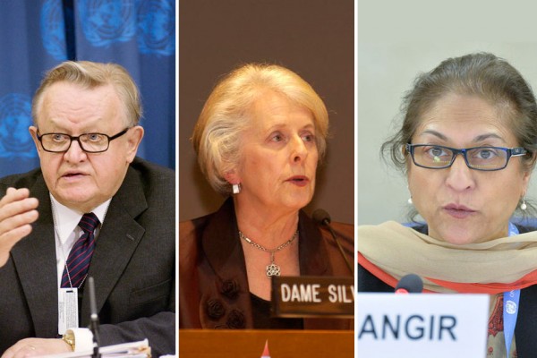 Martti Ahtisaari of Finland, Silvia Cartwright of New Zealand and Asma Jahangir of Pakistan